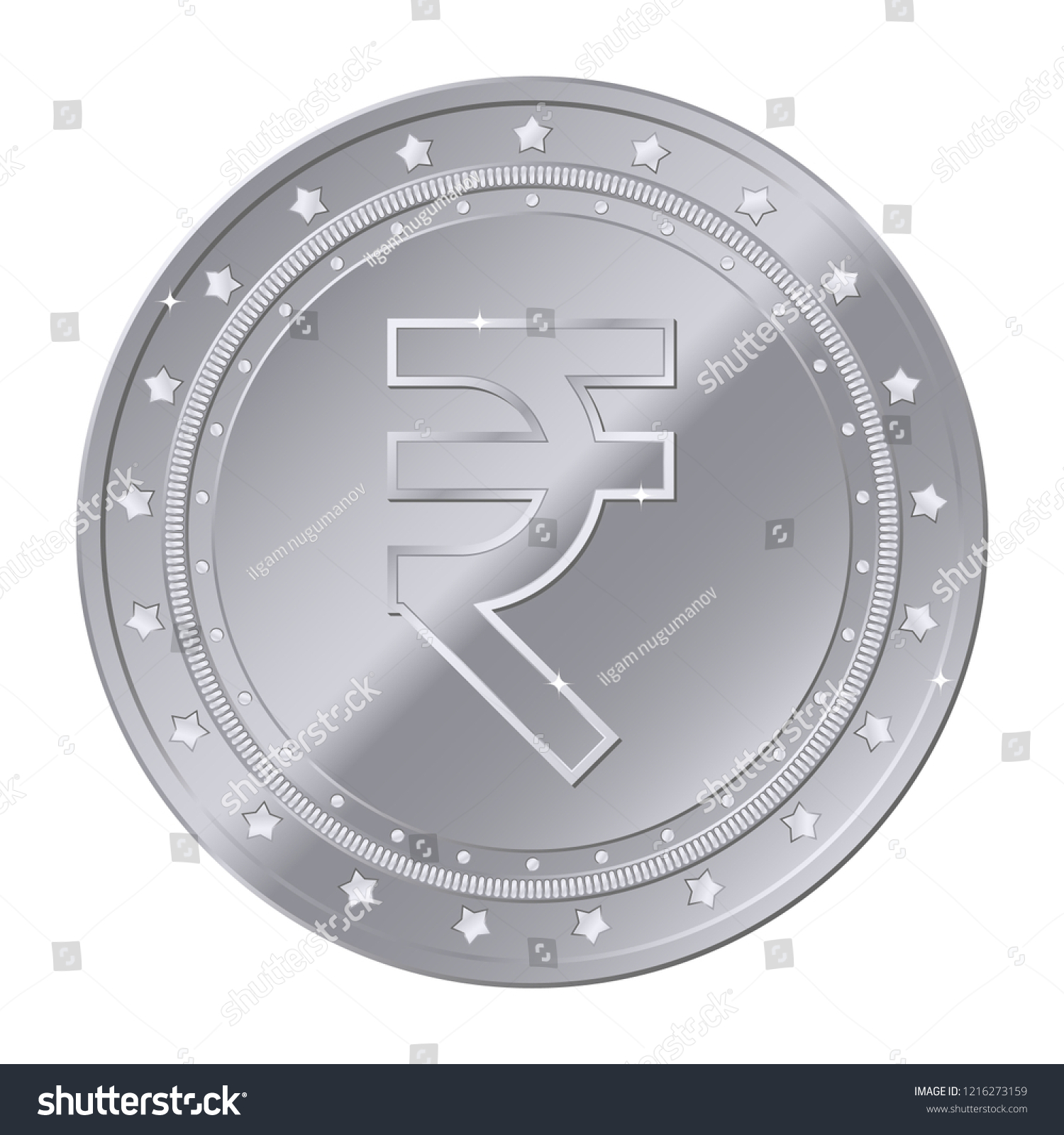 SVG of Rupee currency silver coin with stars. Indian currency. Vector illustration isolated on white background. Editable elements and glare. Suitable for casino game. Rich EPS 10 svg