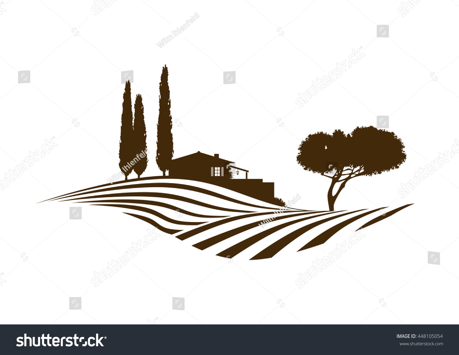 SVG of rural mediterranean vector landscape with fields, house and cypresses svg