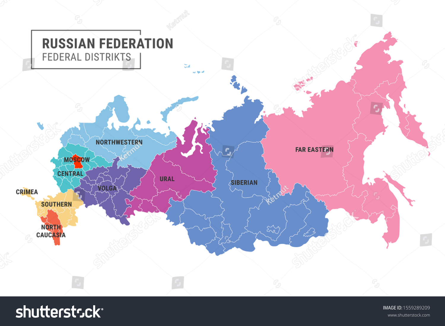 Siberia Map Images Stock Photos Vectors Shutterstock   Stock Vector Russia Administrative Color Map With Border Of Federal Districts Isolated On White Background 1559289209 