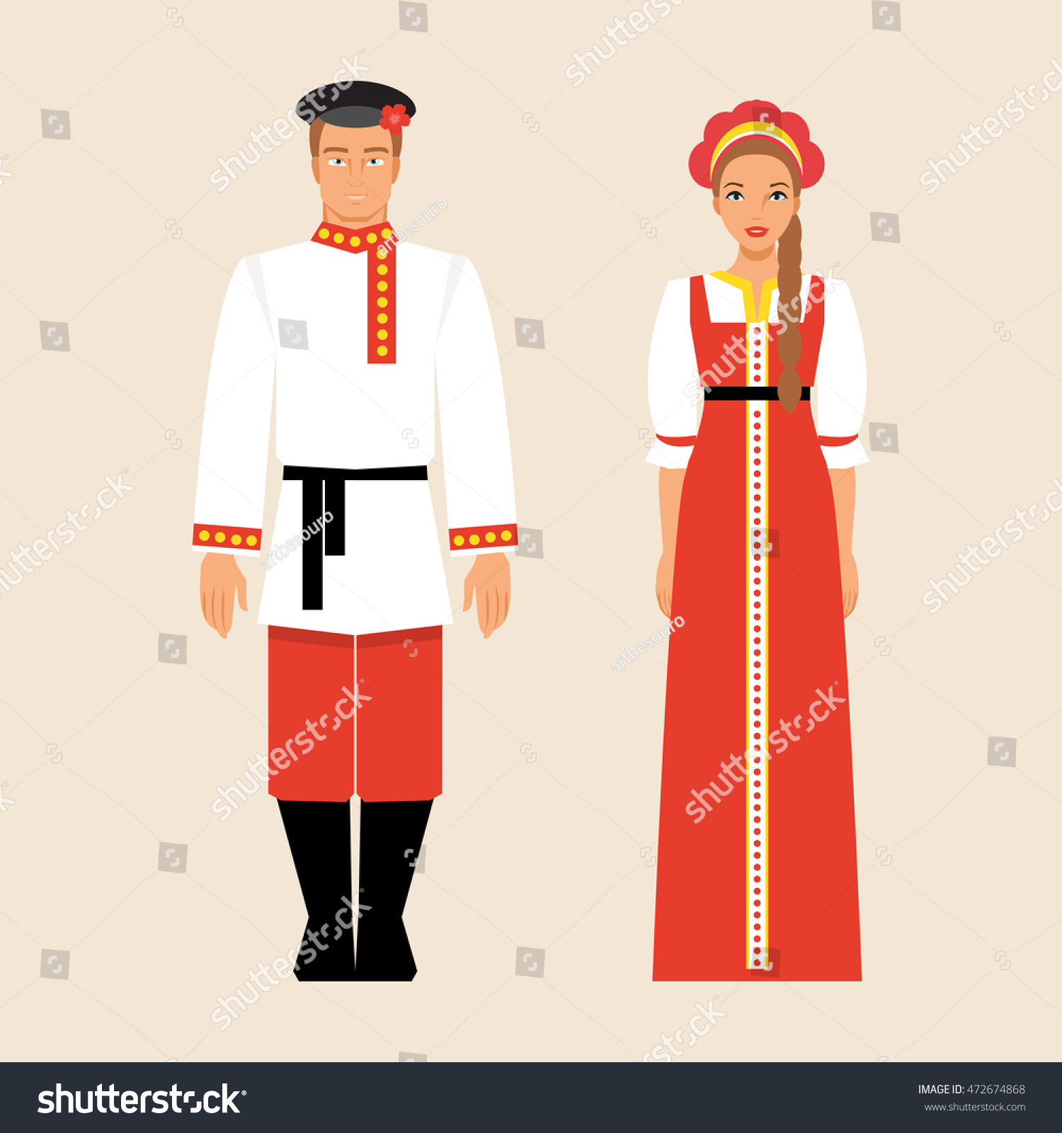 Russian Men Women Traditional Costumes Headdresses Stock Vector ...