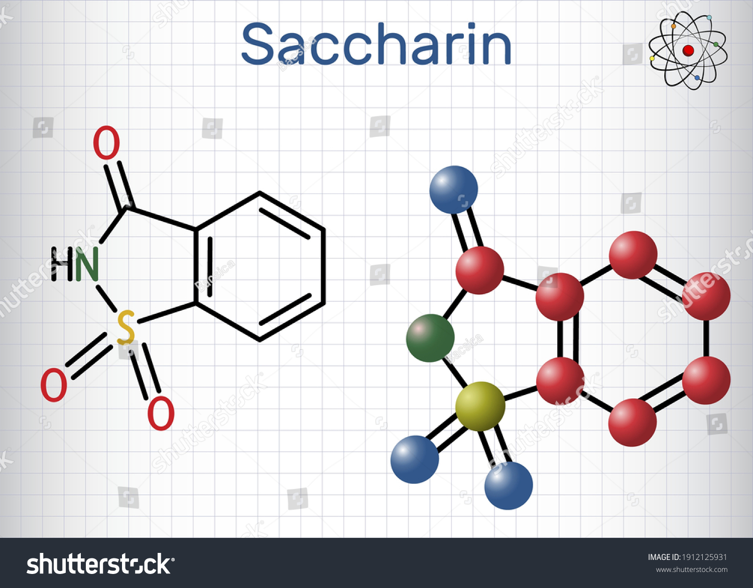 SVG of Saccharin molecule. It is artificial sweetener, sweetening agent, xenobiotic and environmental contaminant. Structural chemical formula, molecule model. Sheet of paper in a cage. Vector illustration svg