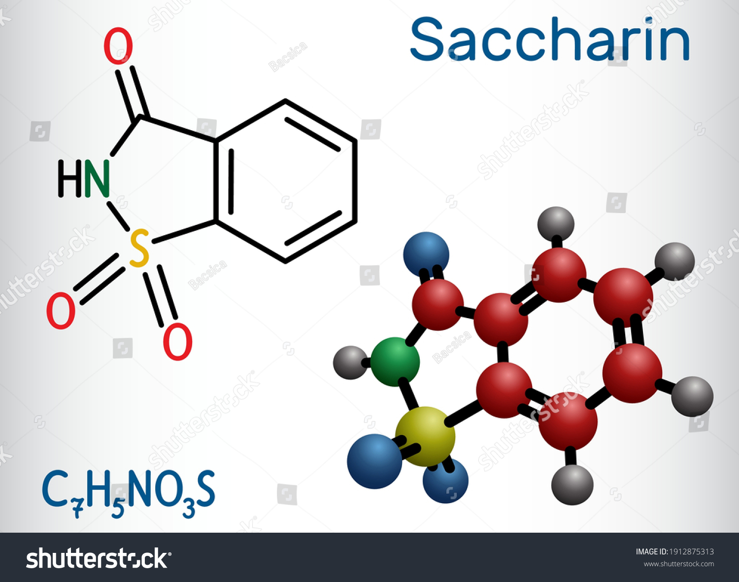 SVG of Saccharin molecule. It is artificial sweetener, sweetening agent, xenobiotic and environmental contaminant. Structural chemical formula and molecule model. Vector illustration svg
