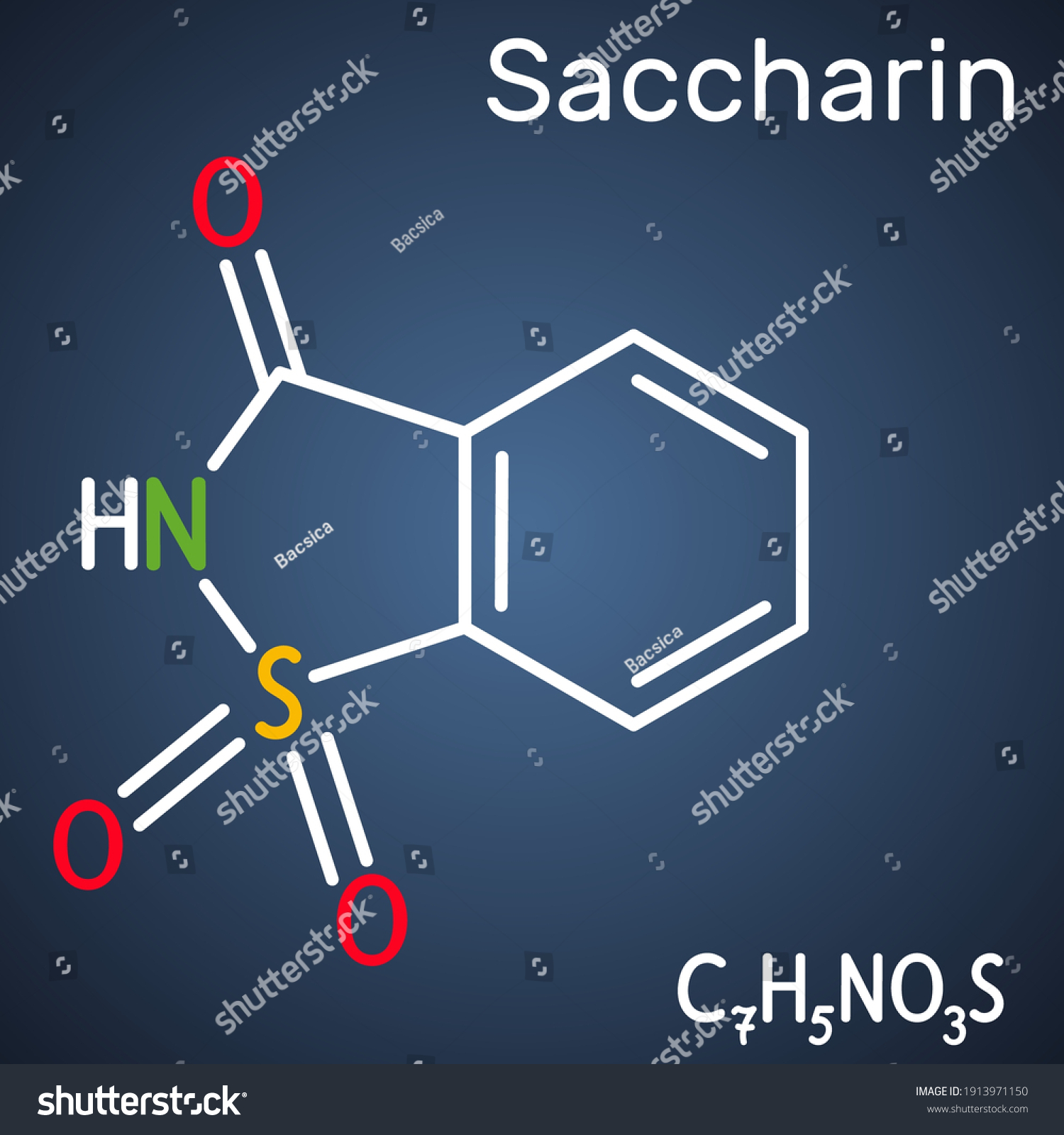 SVG of Saccharin molecule. It is artificial sweetener, sweetening agent, xenobiotic and environmental contaminant. Structural chemical formula on the dark blue background. Vector illustration svg