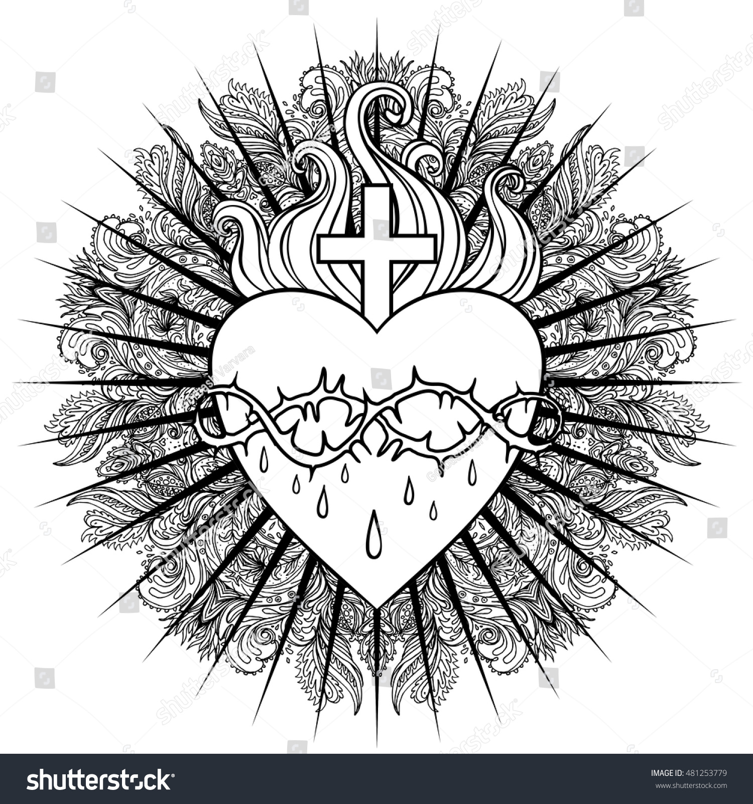 Sacred Heart of Jesus Vector illustration isolated on white over mandala background Vintage style