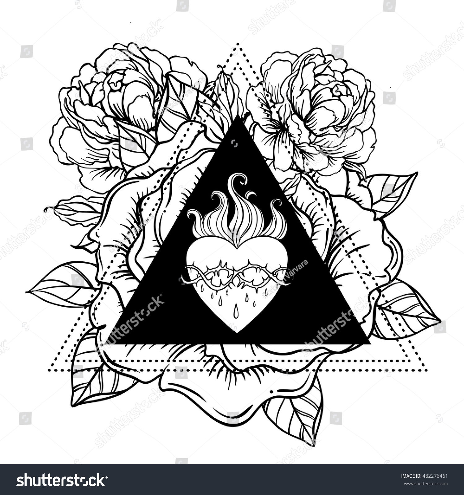 Sacred Heart of Jesus Vector illustration isolated on white over roses floral and geometric background