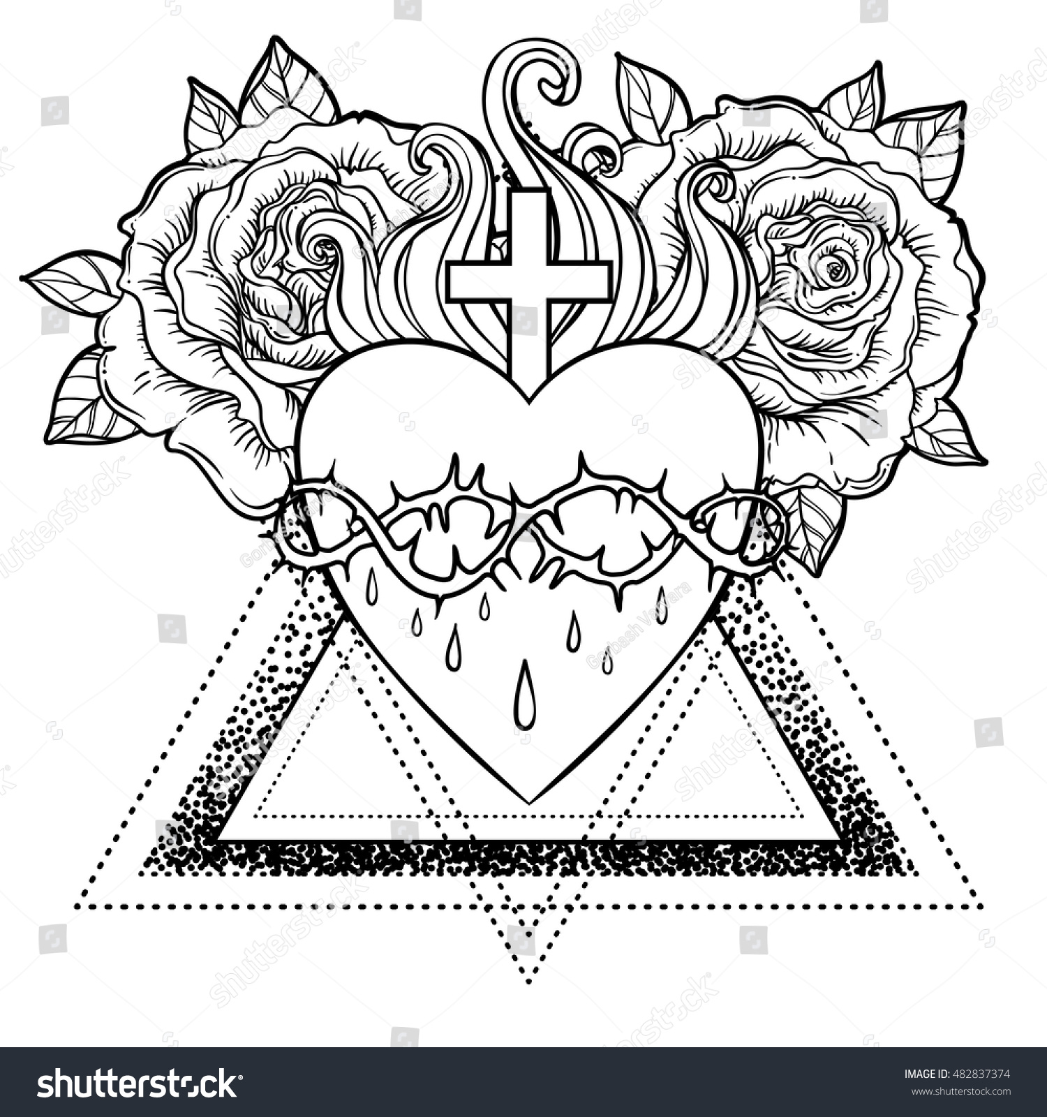 Sacred Heart of Jesus Vector illustration isolated on white over roses floral and geometric background