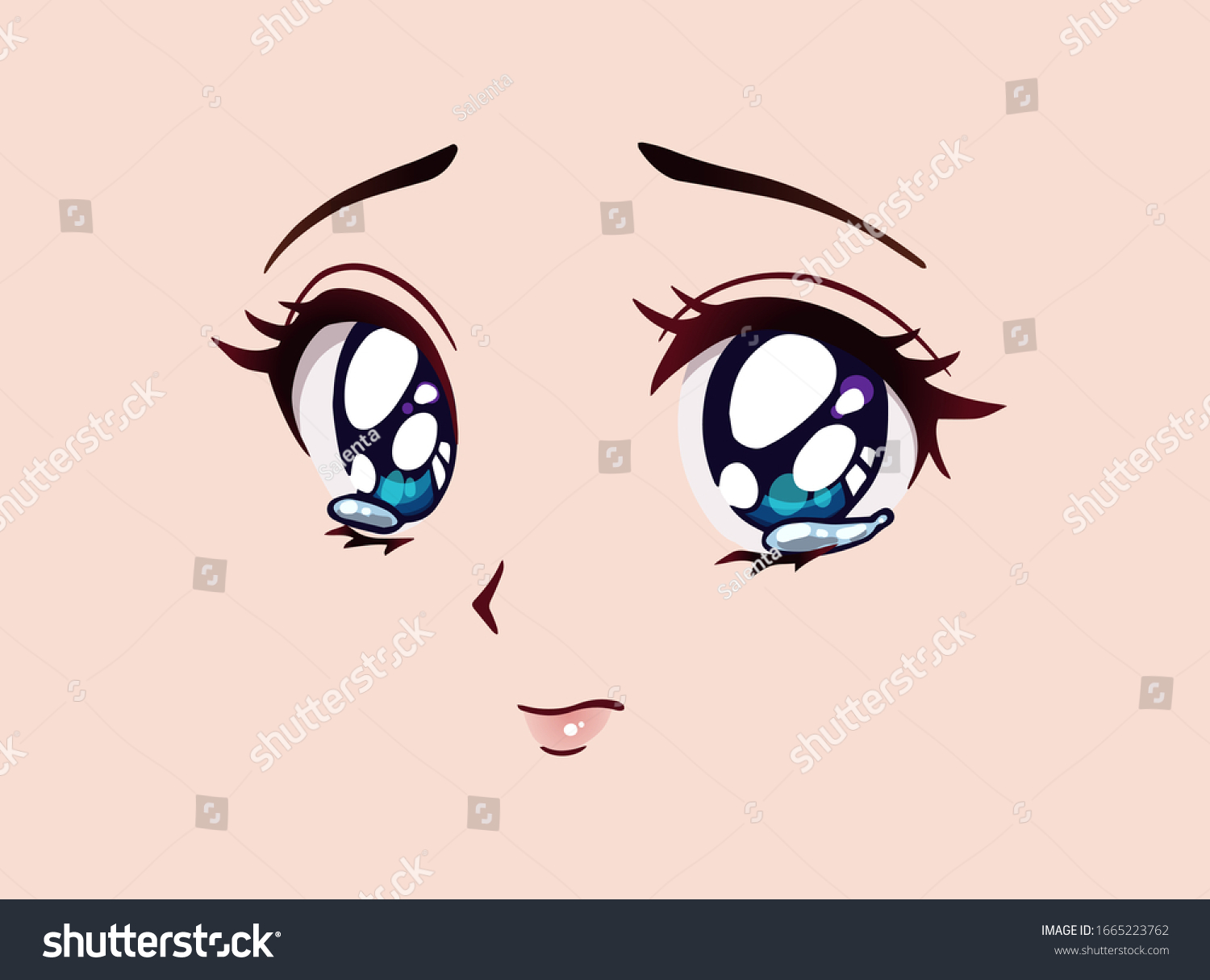 悲しいアニメの顔 まんが風の大きな青い目 小さな鼻 かわいい口 目に涙 手描きのベクターカートーンイラスト のベクター画像素材 ロイヤリティフリー