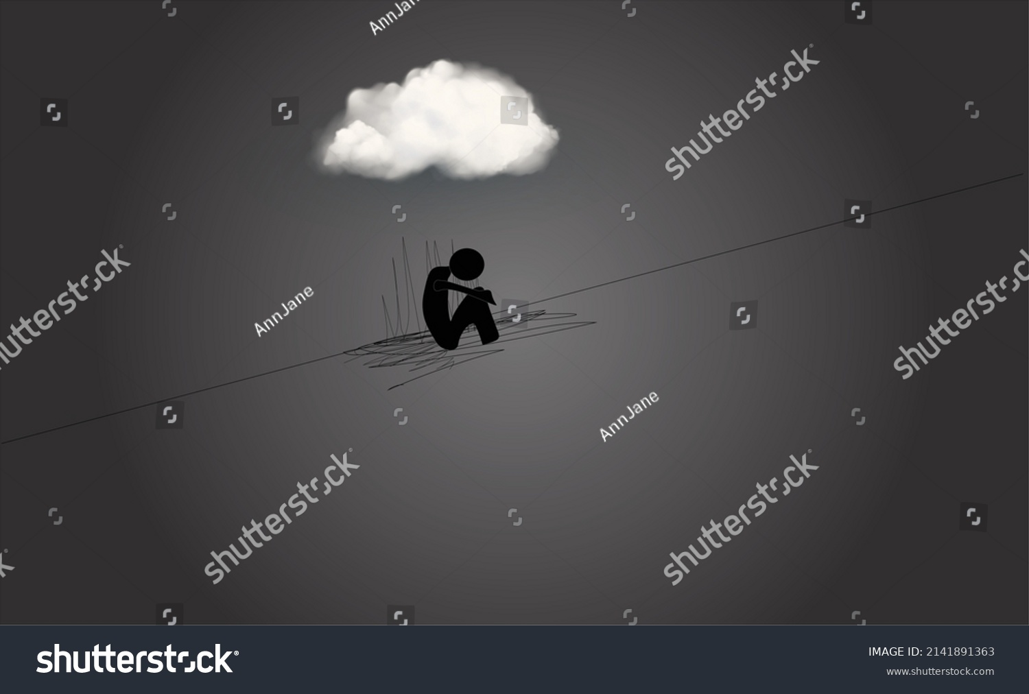 Sad Stick Person Sitting Under Cloud Stock Vector (Royalty Free ...