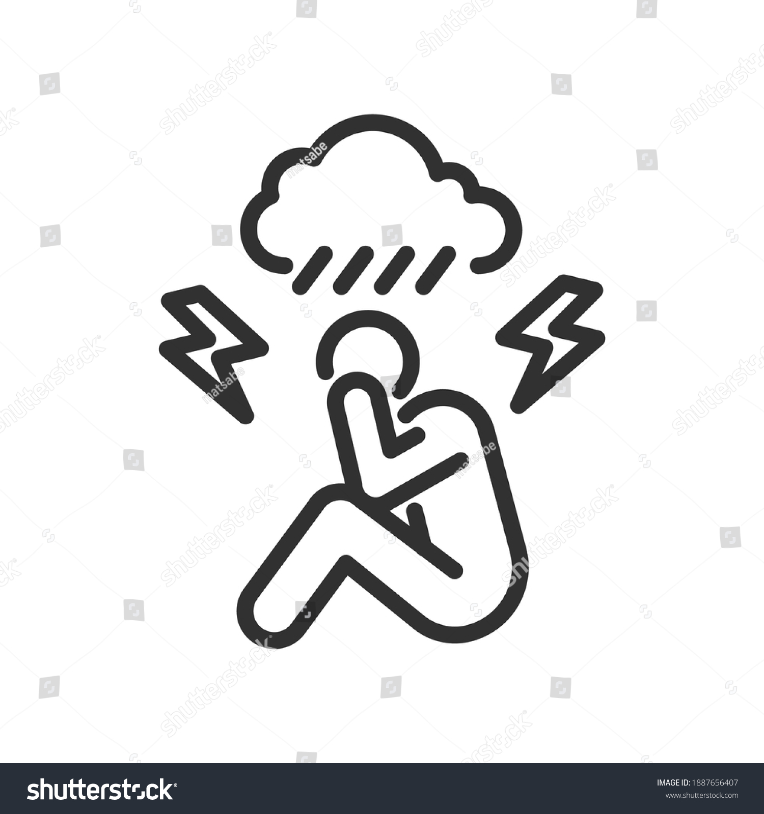 SVG of Sadness, depression, anxiety disorder. A lonely man sits and above him a rain cloud with a thunderstorm, linear icon. Line with editable stroke svg
