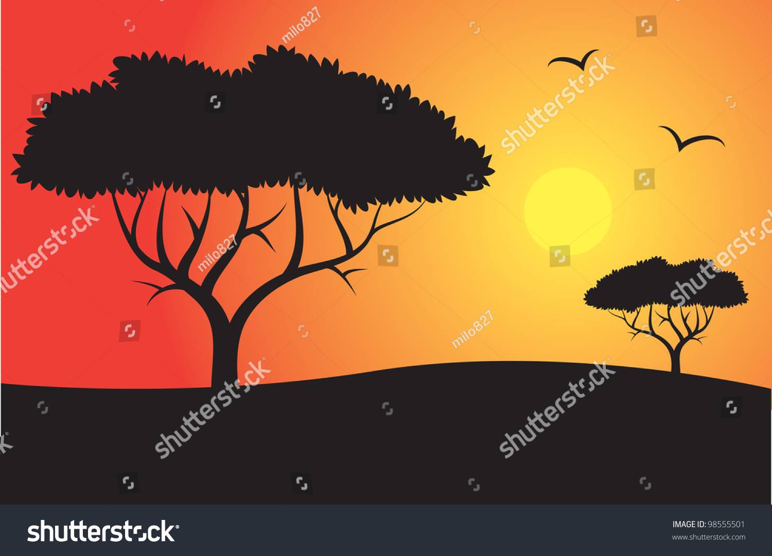 Safari Silhouette With Trees And Sun Stock Vector 98555501 : Shutterstock