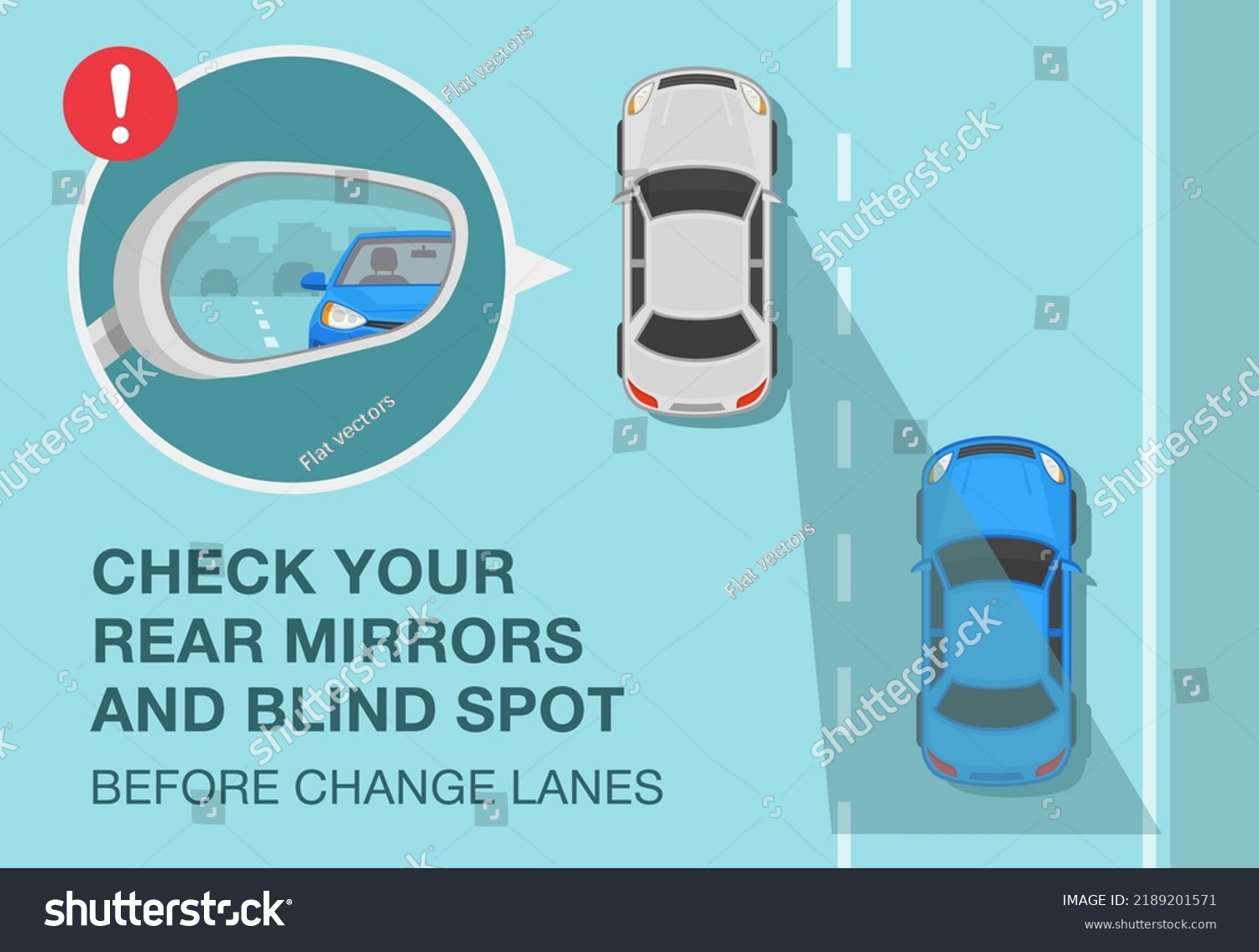SVG of Safe driving rules and tips. Check your mirrors and blind spot before change lanes. Close-up view of a vehicle wing mirror. Top view. Flat vector illustration template. svg