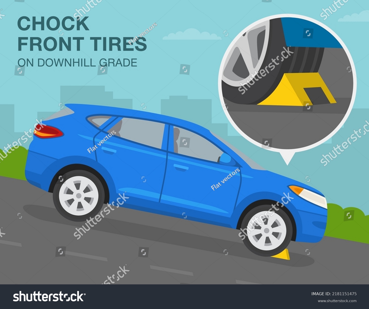 SVG of Safe driving rules and tips. Proper wheel chocking procedures. Correct wheel block placement on downhill grade. 