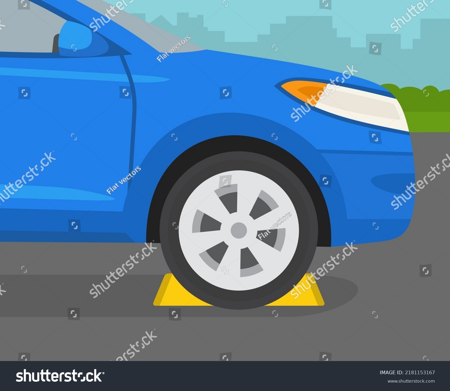 SVG of Safe driving rules and tips. Proper wheel chocking procedures. Correct wheel block placement on level grade. Close-up view of a front tire chocked from both sides. Flat vector illustration template. svg