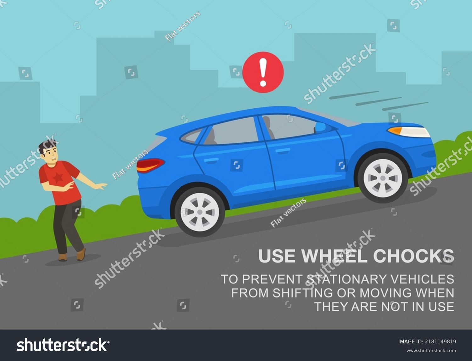 SVG of Safe driving rules and tips. Use wheel chocks to prevent vehicles from shifting or moving when they are no in use. Male character scared of suv rolling back. Flat vector illustration. svg