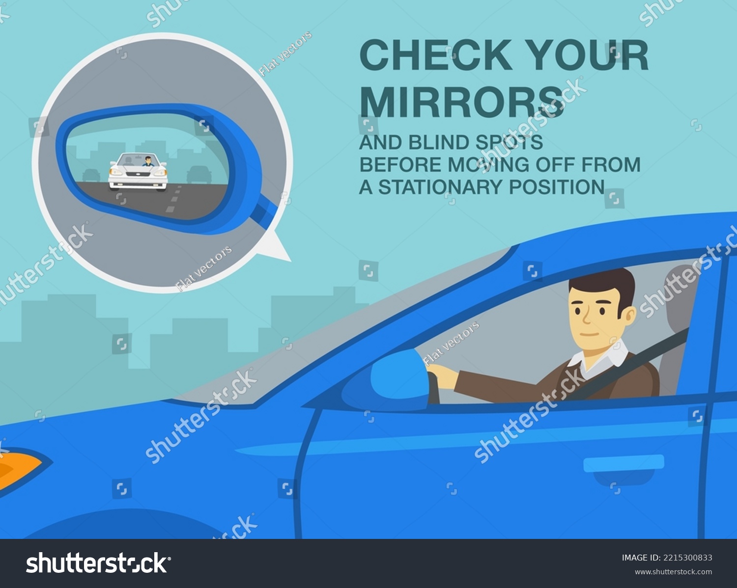 SVG of Safe driving tips and rules. Check your mirrors and blind spots before moving off from a stationary position. Close-up of male driver looking at wing mirror. Flat vector illustration template. svg