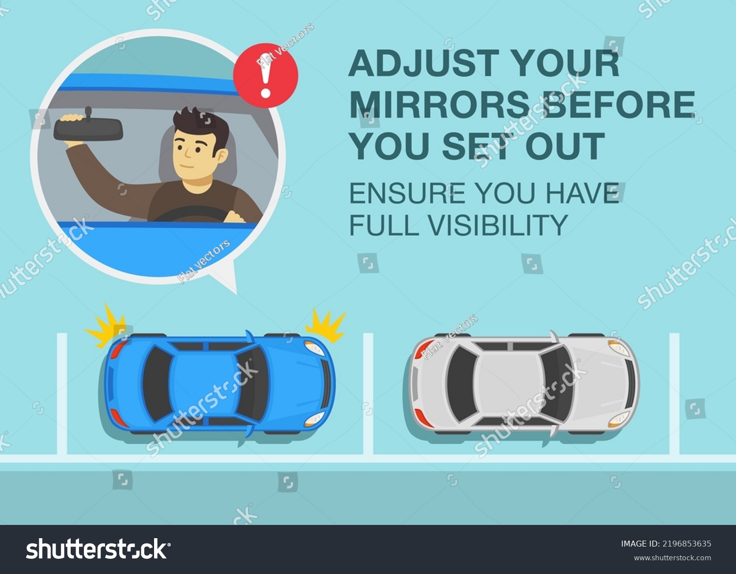 SVG of Safe driving tips and traffic regulation rules. Adjust your mirrors before you set out, ensure you have full visibility. Male driver adjusting rear mirror in a car. Flat vector illustration template. svg