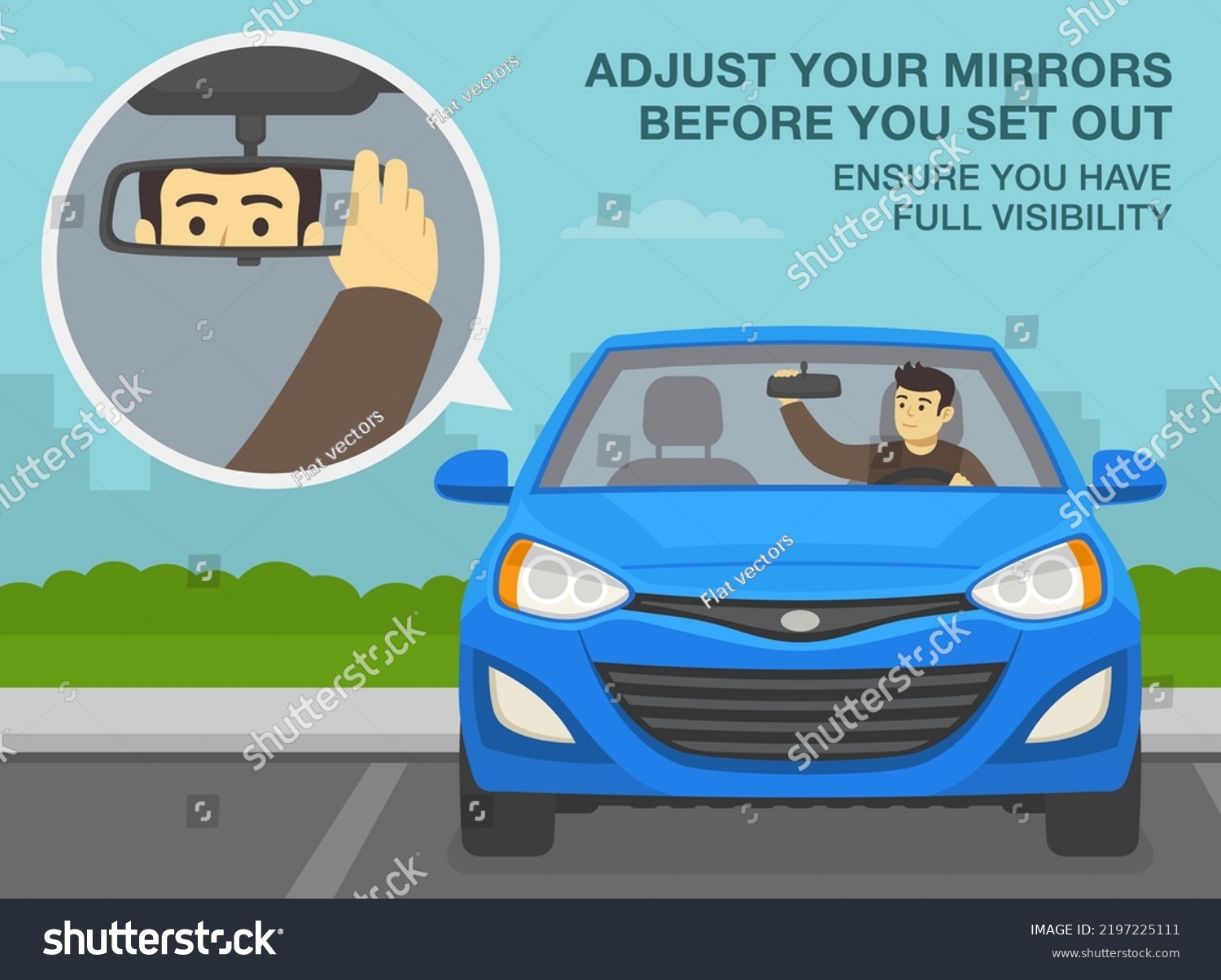 SVG of Safe driving tips and traffic regulation rules. Adjust your mirrors before you set out, ensure you have full visibility. Parked blue sedan car on city parking. Flat vector illustration template. svg