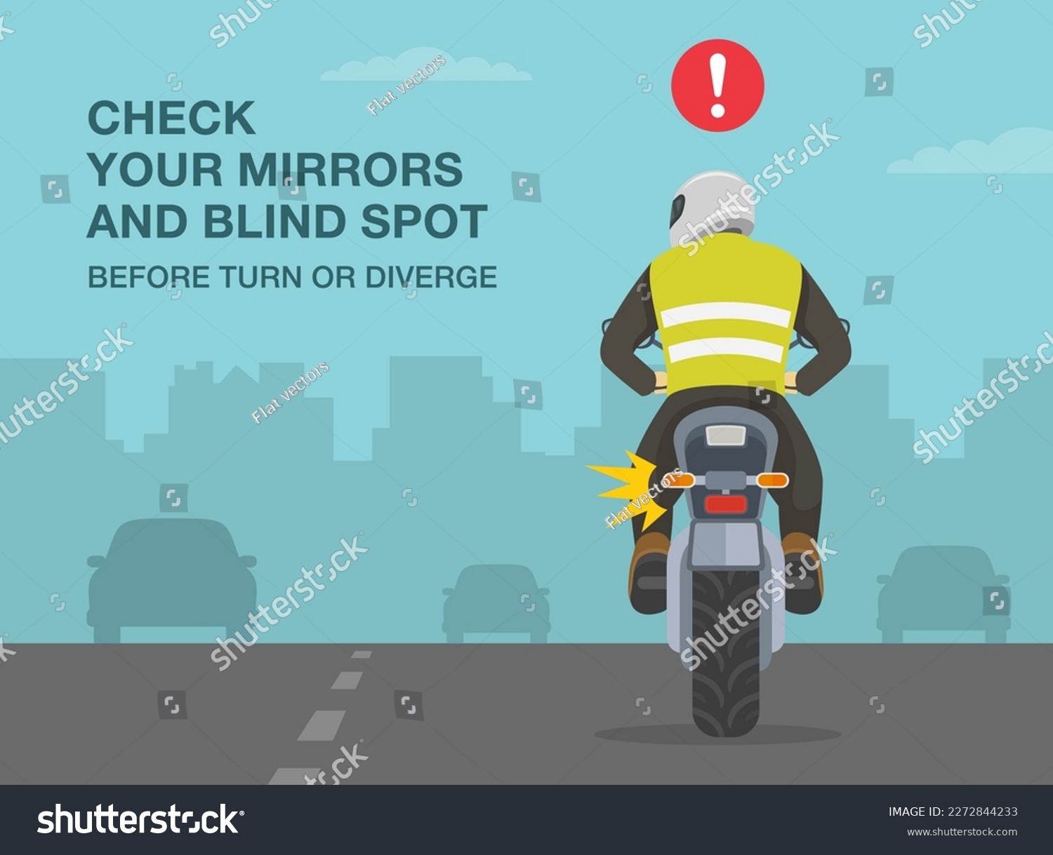SVG of Safe motorcycle riding tips and rules. Check mirrors and blind spot before turn or diverge. Motorbike rider turns his head and looks back. Lane changing. Flat vector illustration template. svg