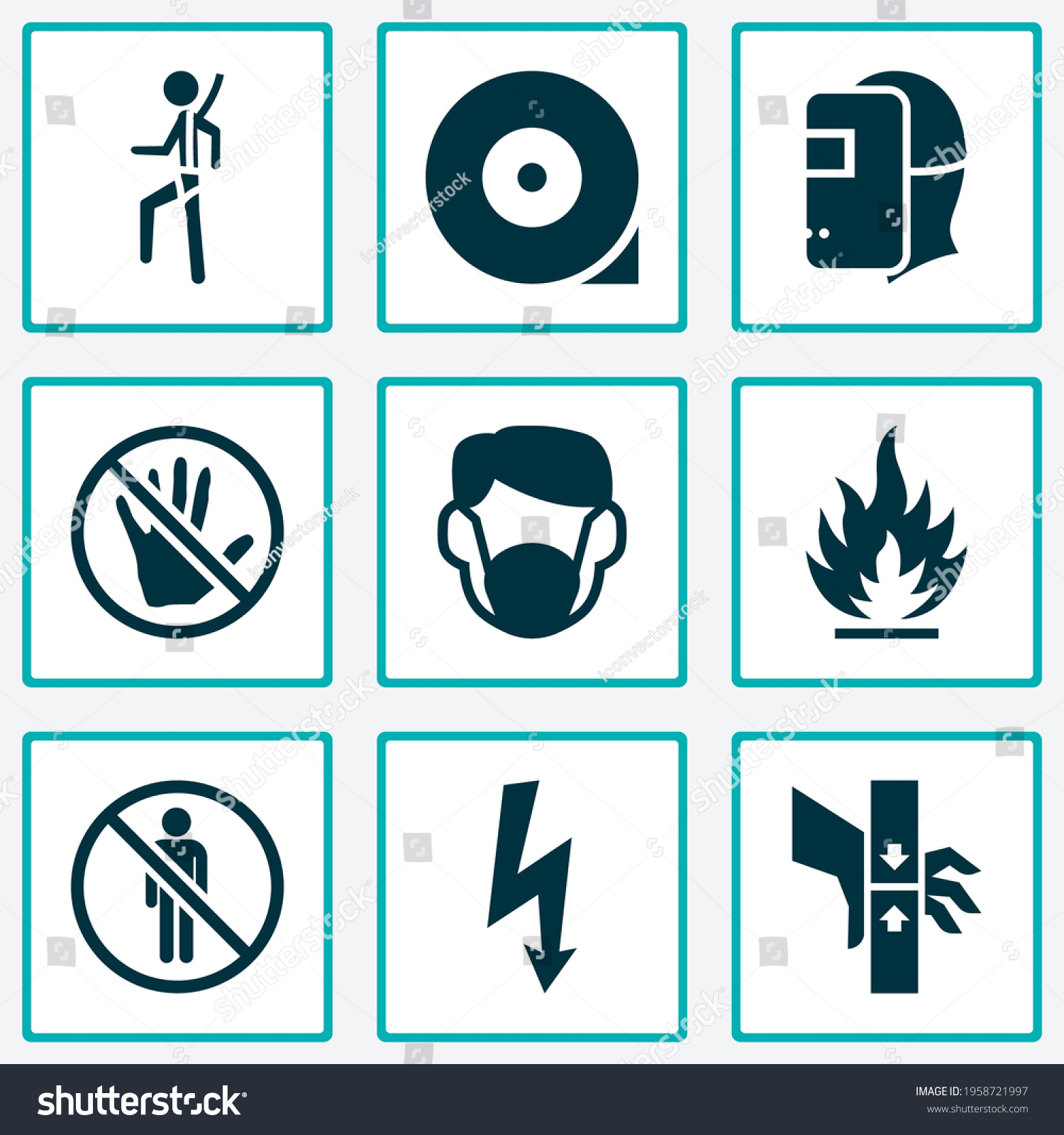 SVG of Safety icons set with chocked wheel, dust mask, electrical hazard and other fire elements. Isolated vector illustration safety icons. svg