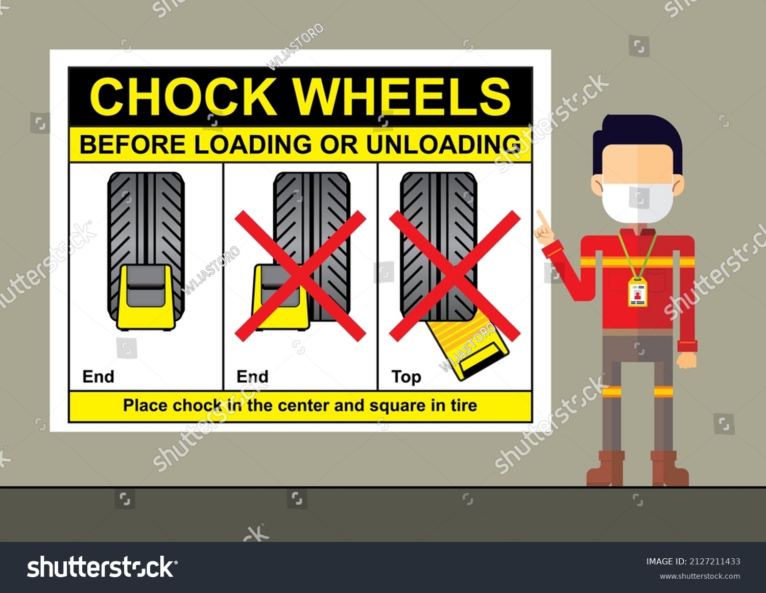 SVG of Safety manager or personnel flat style cartoon character on presentation of chock wheels before loading and unloading for vehicle safety rules. svg