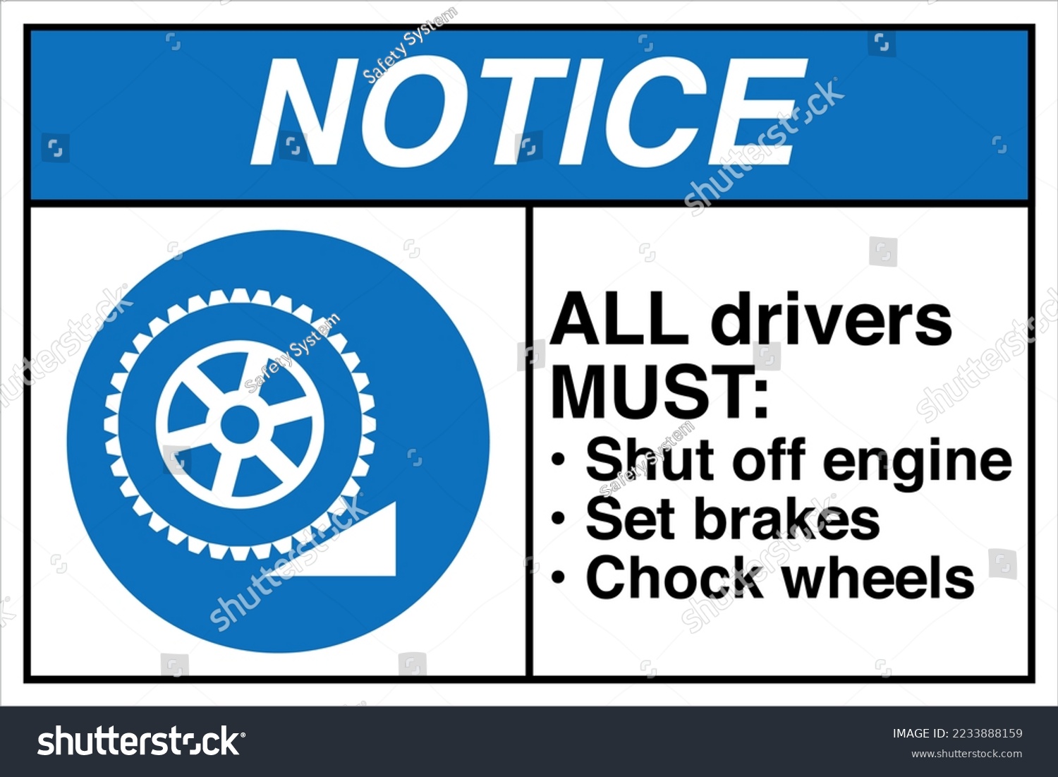 SVG of Safety Notice Sign Symbol Icon ANSI Z535 Standards ALL drivers MUST Shut off engine Set brakes Chock wheels.
 svg