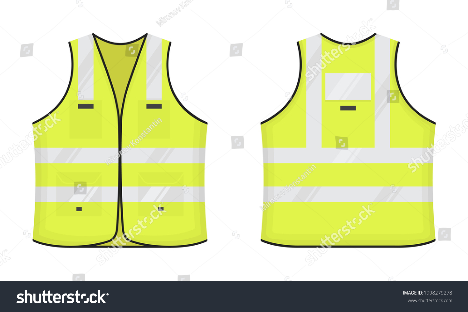 SVG of Safety reflective vest icon sign flat style design vector illustration set. Yellow fluorescent security safety work jacket with reflective stripes. Front and back view road uniform vest. svg