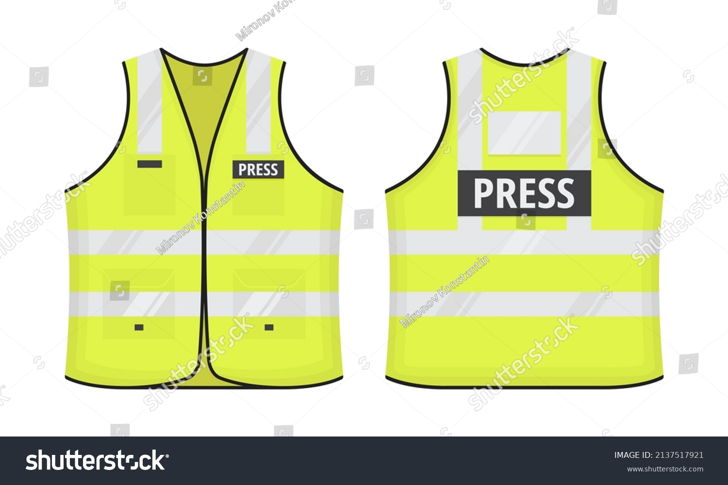 SVG of Safety reflective vest with label PRESS tag flat style design vector illustration set. Yellow fluorescent security safety work jacket with reflective stripes. Front and back view road uniform vest. svg