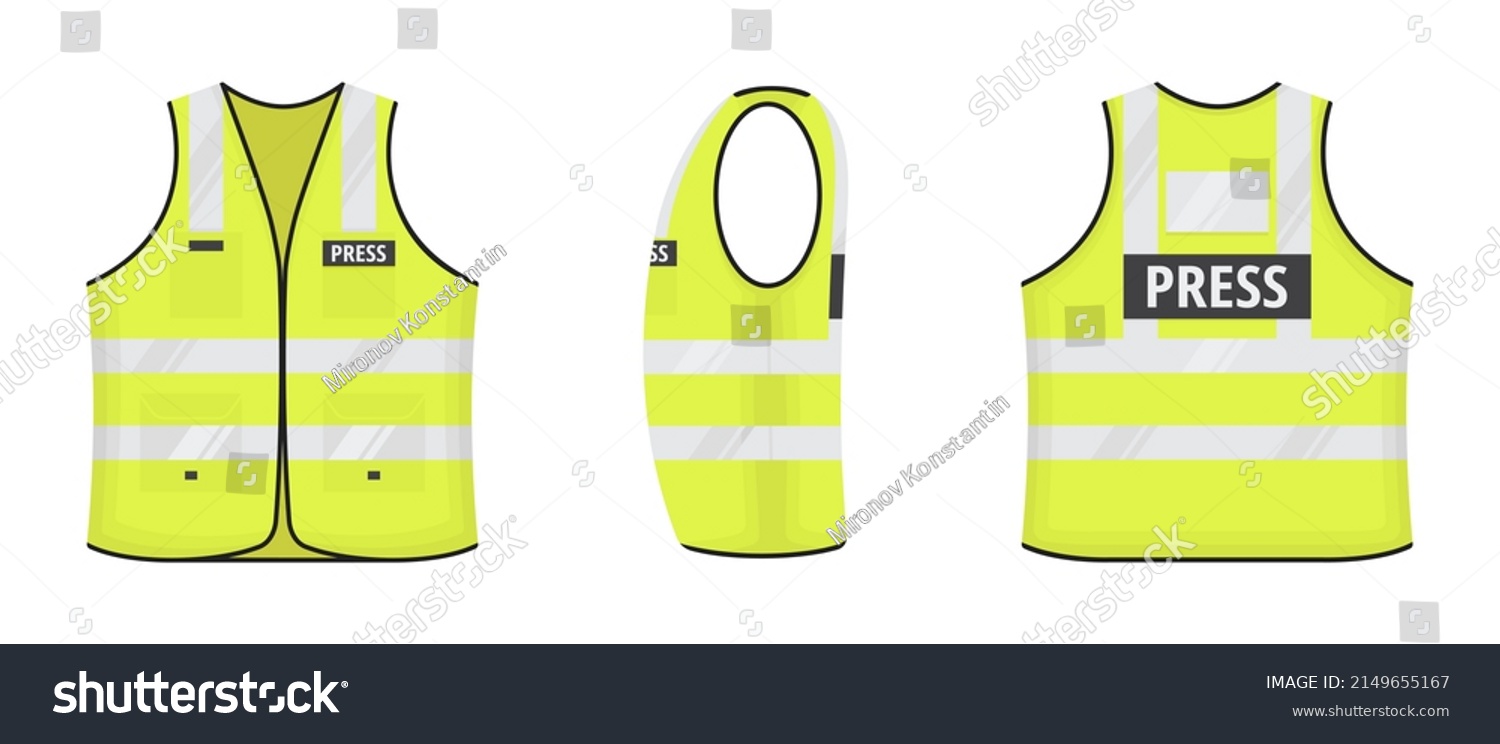 SVG of Safety reflective vest with label PRESS tag flat style design vector illustration set. Yellow fluorescent security safety work jacket with reflective stripes. Front, side, back view road uniform vest. svg