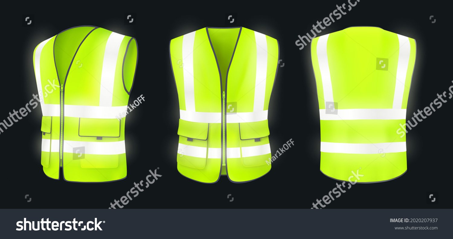 SVG of Safety vest front, back view and side at night. Yellow, light green jacket with reflective stripes. Safety vest for construction works, drivers and road workers with fluorescent protective. Realistic  svg