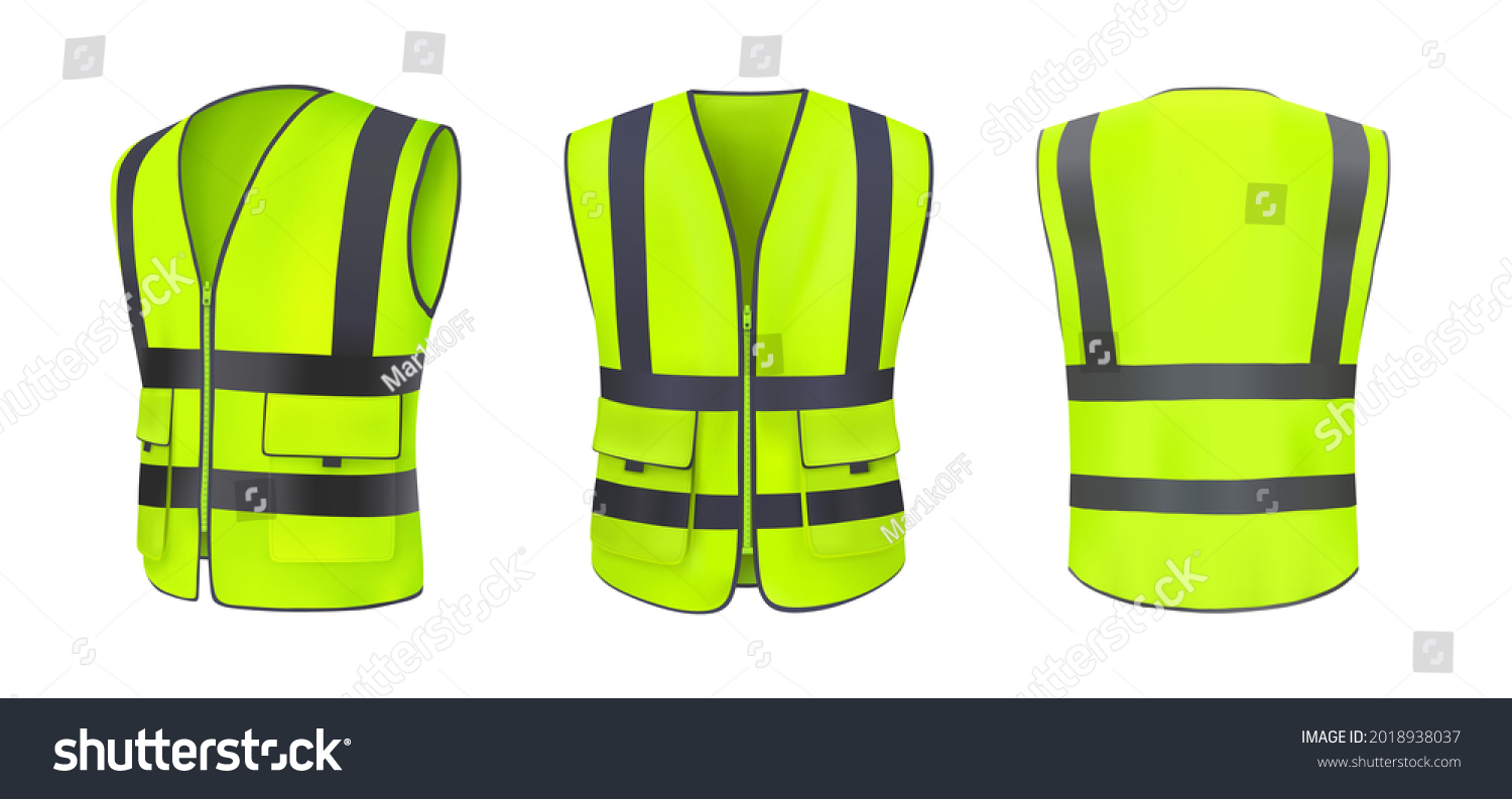 SVG of Safety vest front, back view and side. Yellow, light green jacket with reflective stripes. Safety vest for construction works, drivers and road workers with fluorescent protective. Realistic 3d vector svg