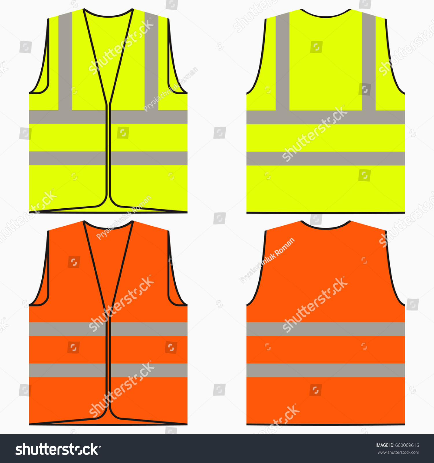 SVG of Safety vest. Set of yellow and orange work uniform with reflective stripes. Vector illustration. svg