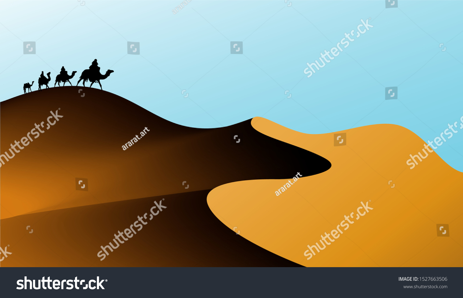 サハラ砂漠 アニメーションの風景 ラクダと砂漠の波の隊列 アフリカの砂漠には バナー砂丘がある 屋外の背景にベクターイラスト のベクター画像素材 ロイヤリティフリー