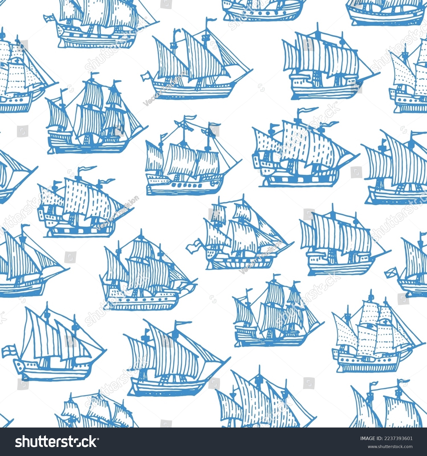 SVG of Sail ship, corvette, frigate and brigantine seamless pattern. Vintage vector sketch ornament with nautical boats with flags. Sea vessels, engraved blue galleons on white background, tile, wallpaper svg