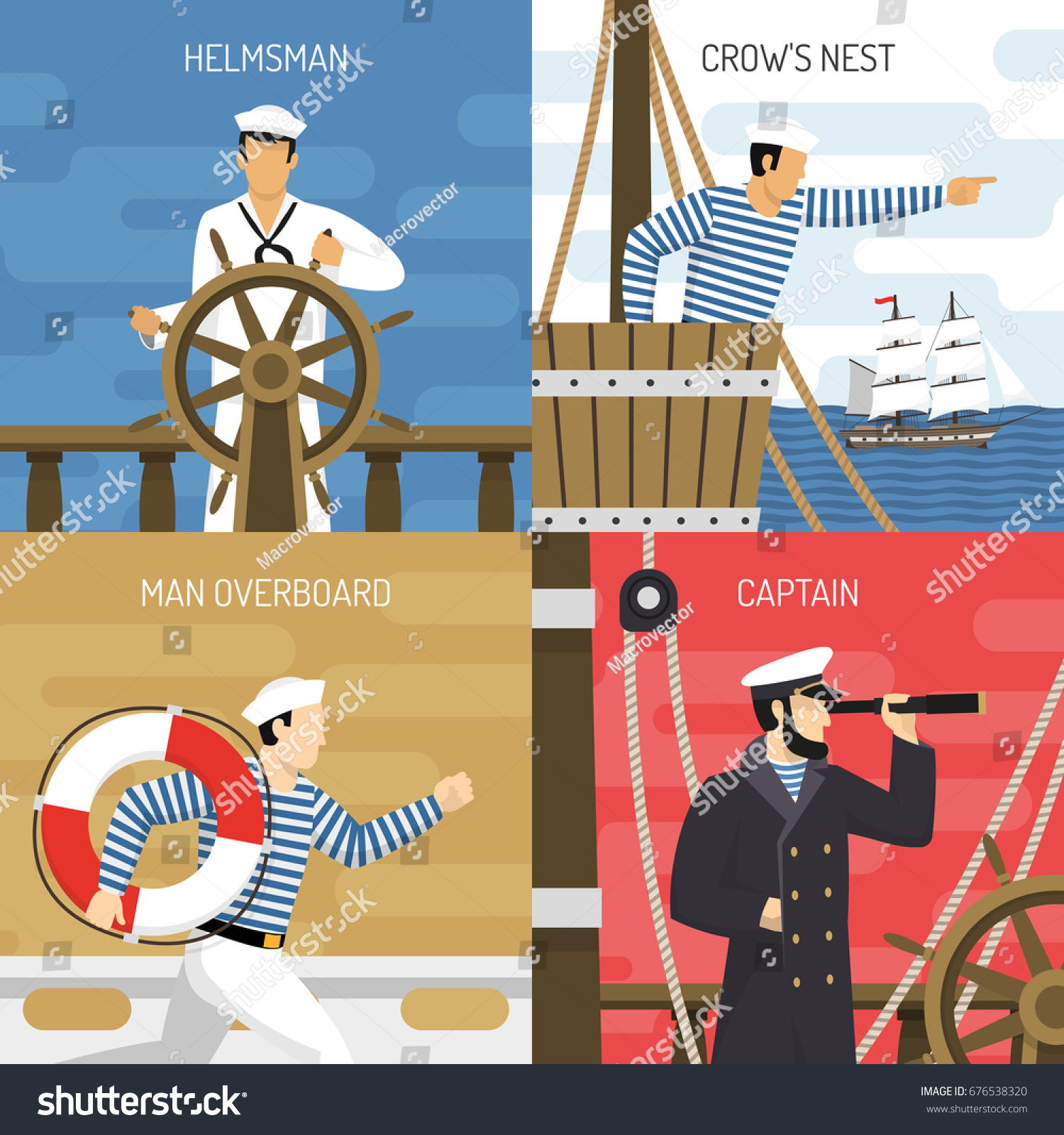 SVG of Sail ship crew members at work 4 flat icons square with helmsman captain sailors isolated vector illustration  svg