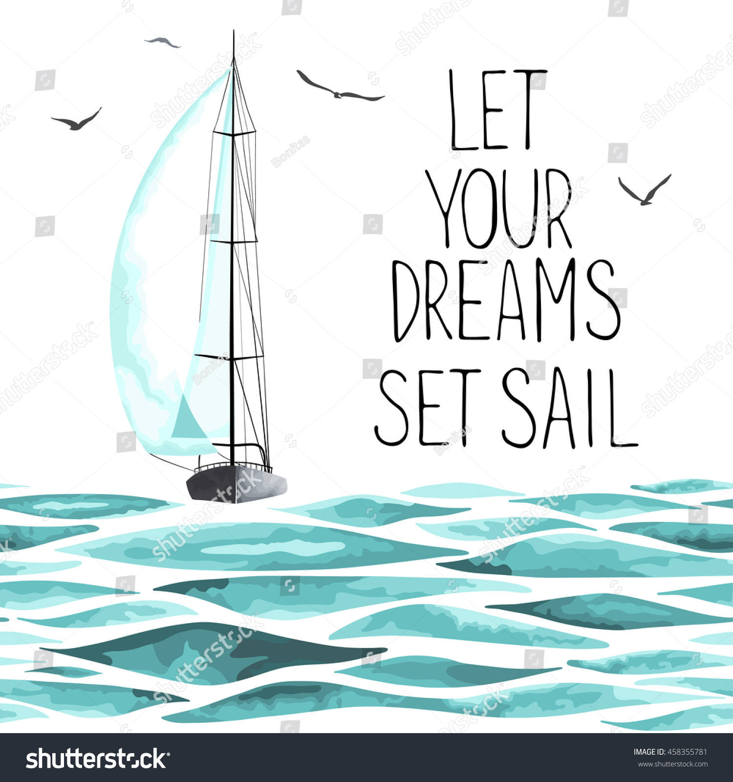 Sailboat in the sea and seagulls around. Objects made in the vector 