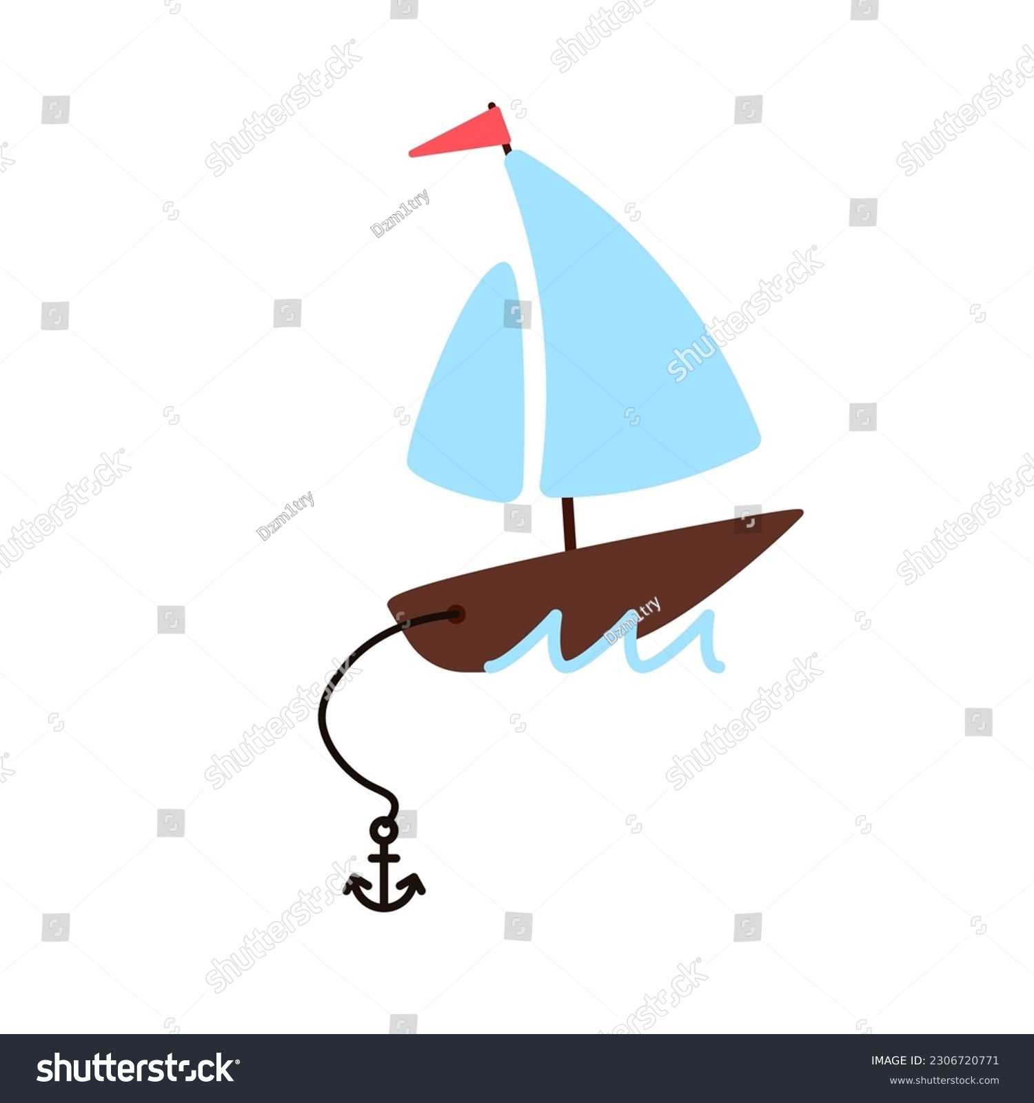 SVG of Sailboat with anchor on waves cartoon icon. Clipart image isolated on white background svg
