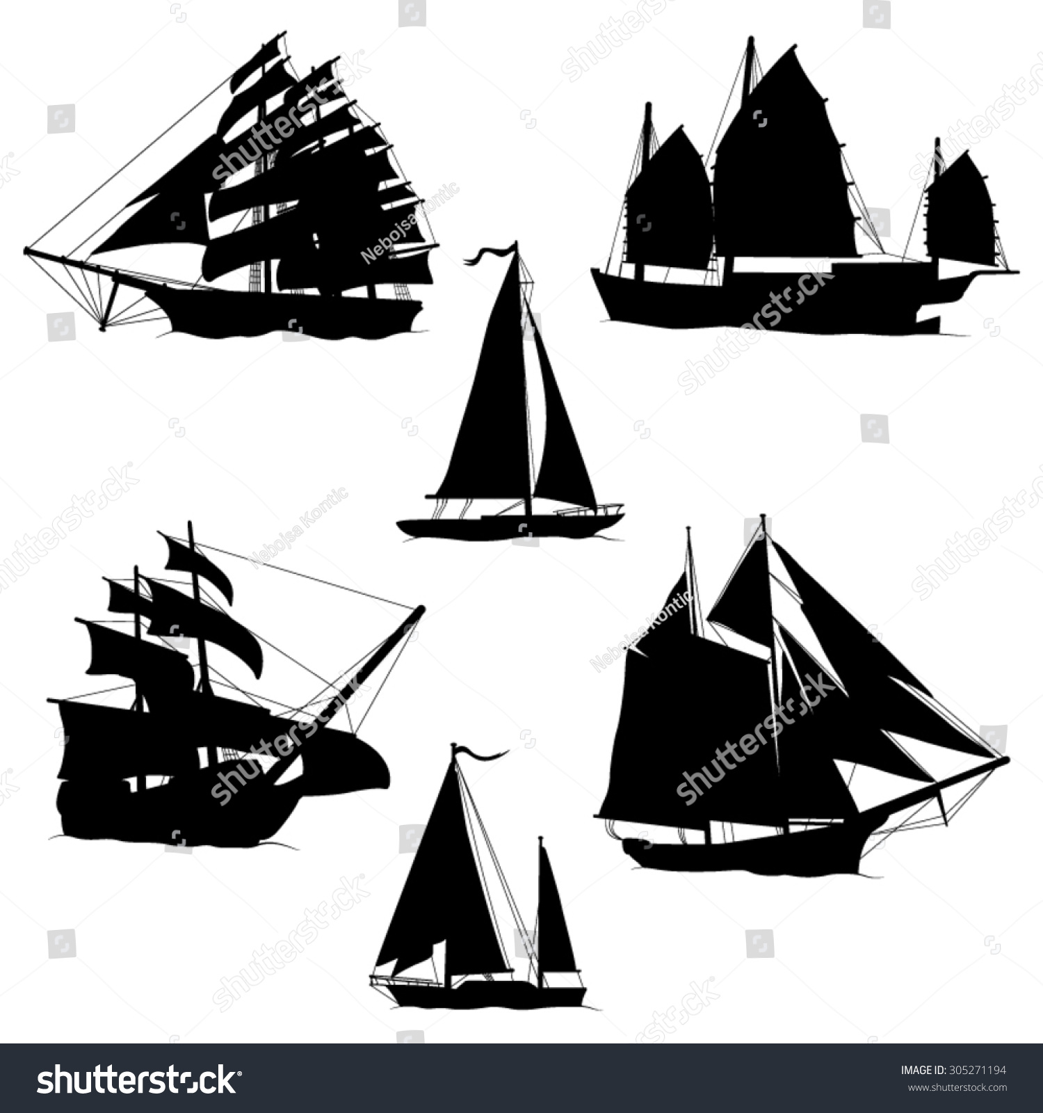 Sailboats Sailing Ships Black Silhouettes Vector Stock Vector 305271194 ...