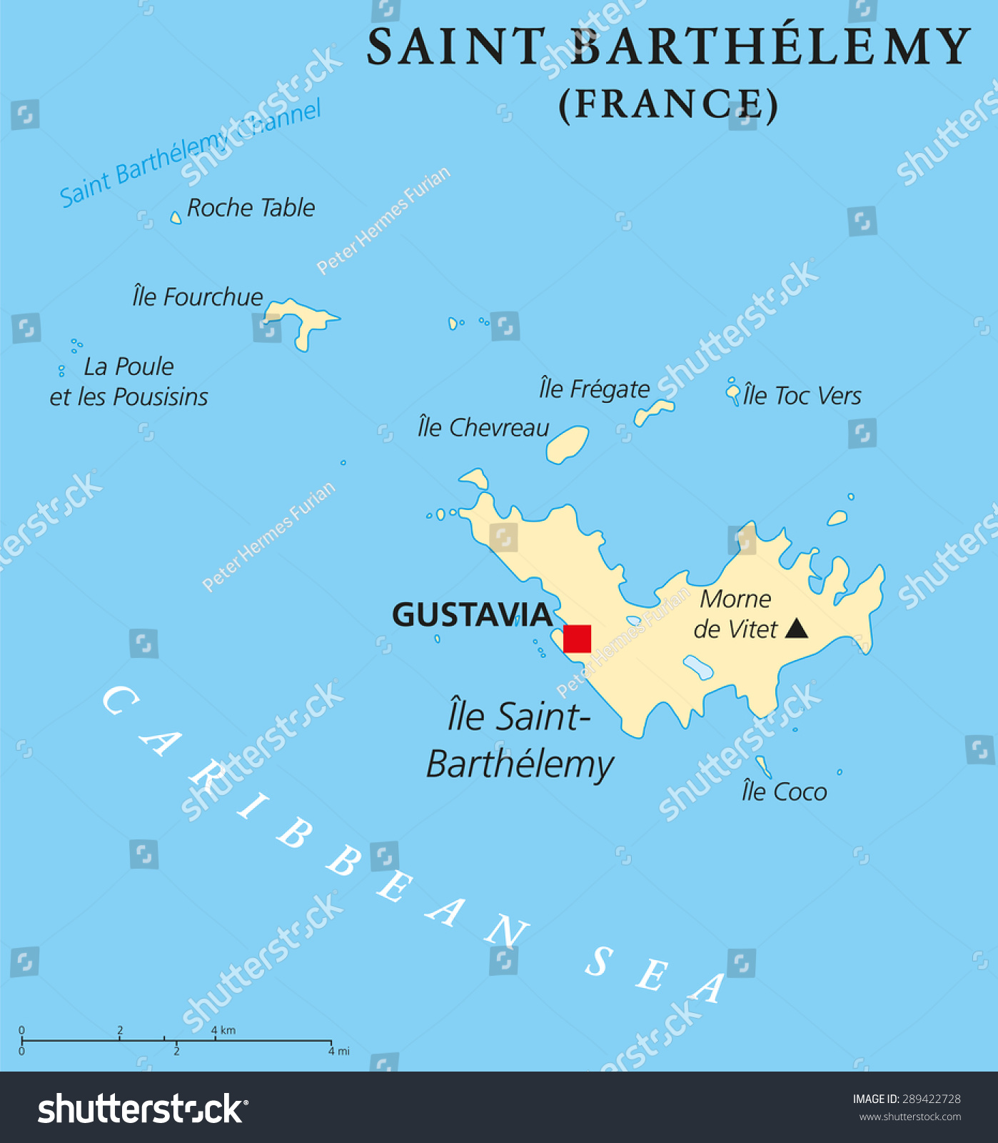 Saint Barthelemy Political Map With Capital Gustavia, Also Called St ...