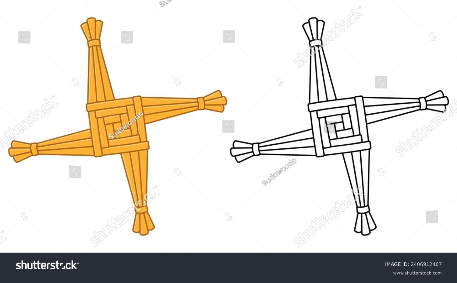 SVG of Saint Brigid's cross, Imbolc celebration tradition in Ireland. Handmade straw knot decoration. Vector illustration. Color and black and white outline drawing. svg