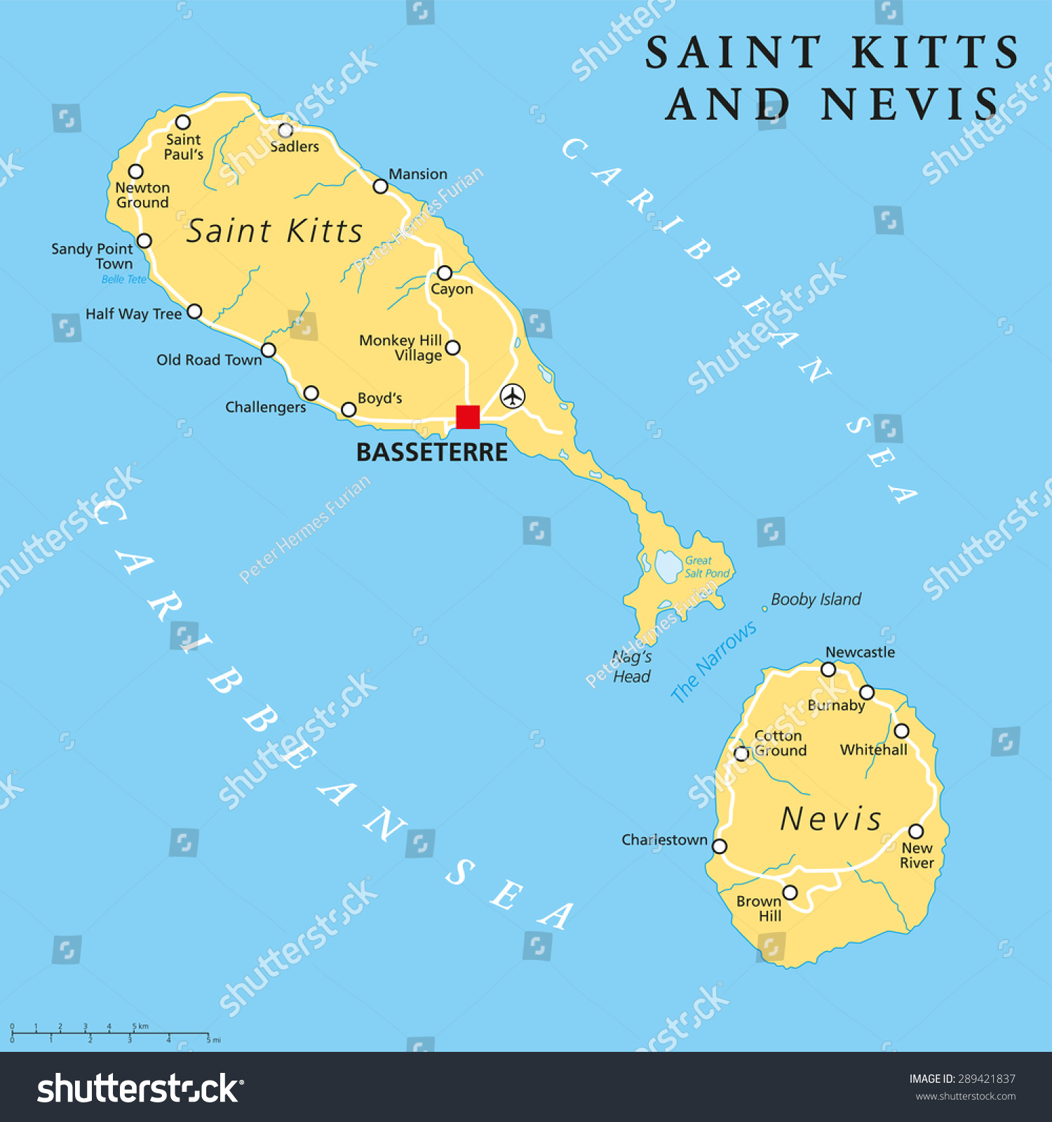 Saint Kitts Nevis Political Map Capital Stock Vector 289421837 ...