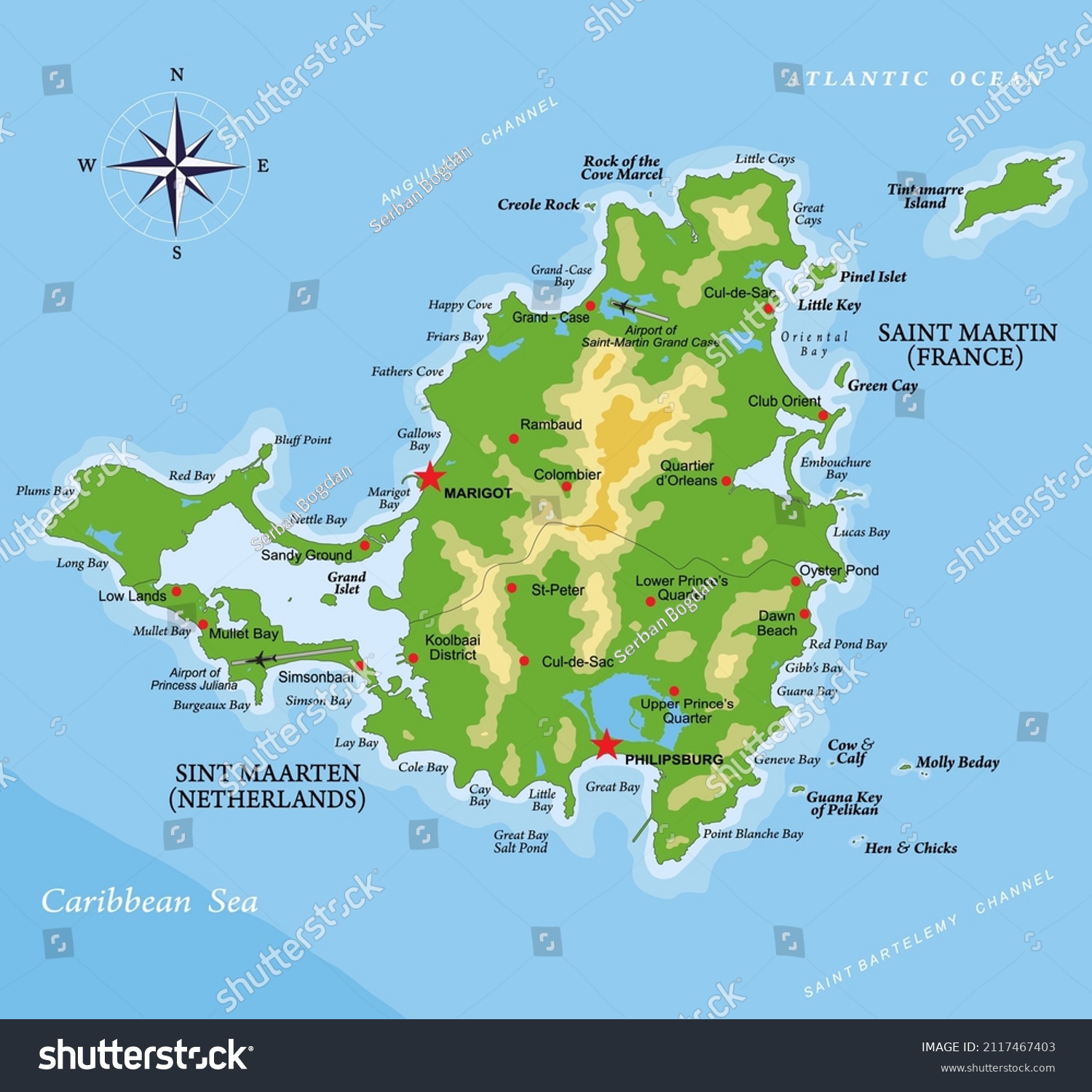 Saint Martin Island Highly Detailed Physical Stock Vector Royalty Free   Stock Vector Saint Martin Island Highly Detailed Physical Map 2117467403 