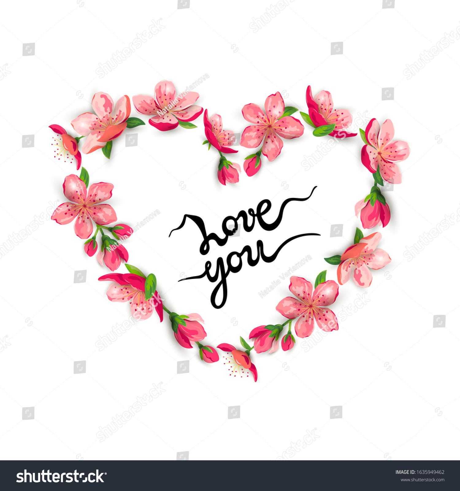 Sakura Flower Heart Love You Handwritten Stock Vector Royalty Free