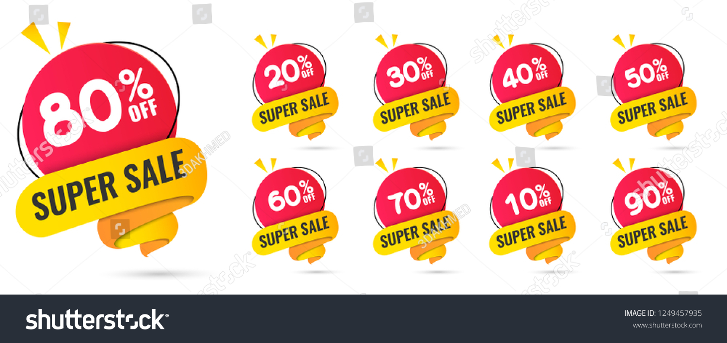 SVG of Sale tags set vector badges template, 10 off, 20 %, 90, 80, 30, 40, 50, 60, 70 percent sale label symbols, discount promotion flat icon with long shadow, clearance sale sticker emblem red rosette svg
