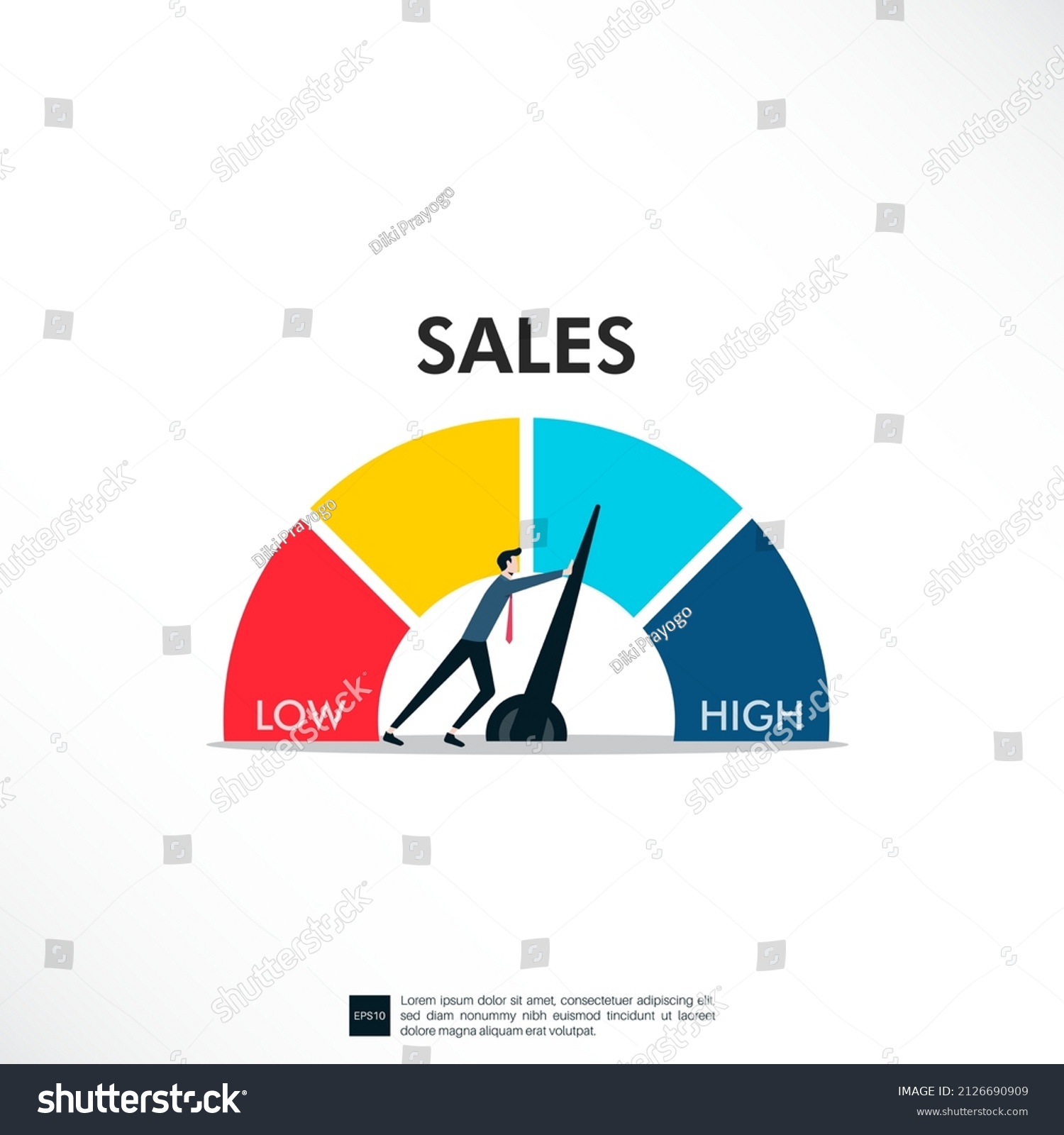 SVG of sales conceptual meter indicate. Businessman pushing a needle to high pointing svg