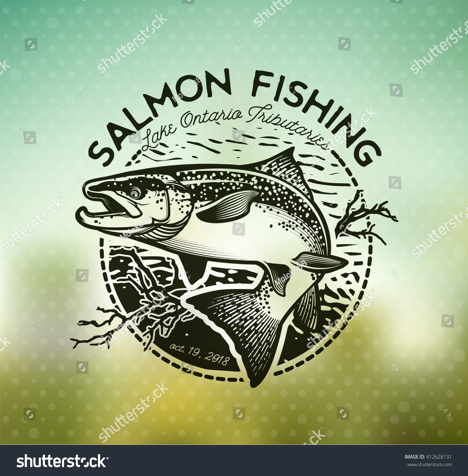 Salmon Fishing Emblem On Blur Background Stock Vector (Royalty Free ...