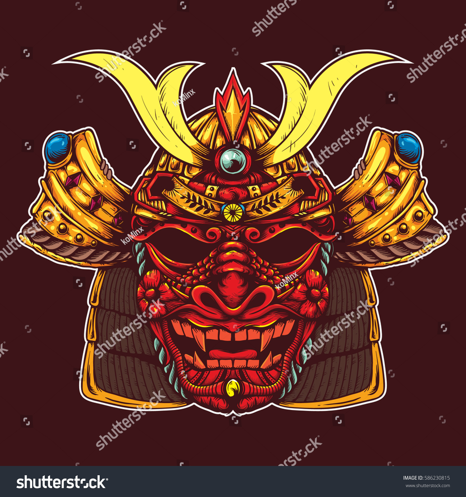 Samurai Head Dragon Skull Mask Drawing Stock Vector 586230815 