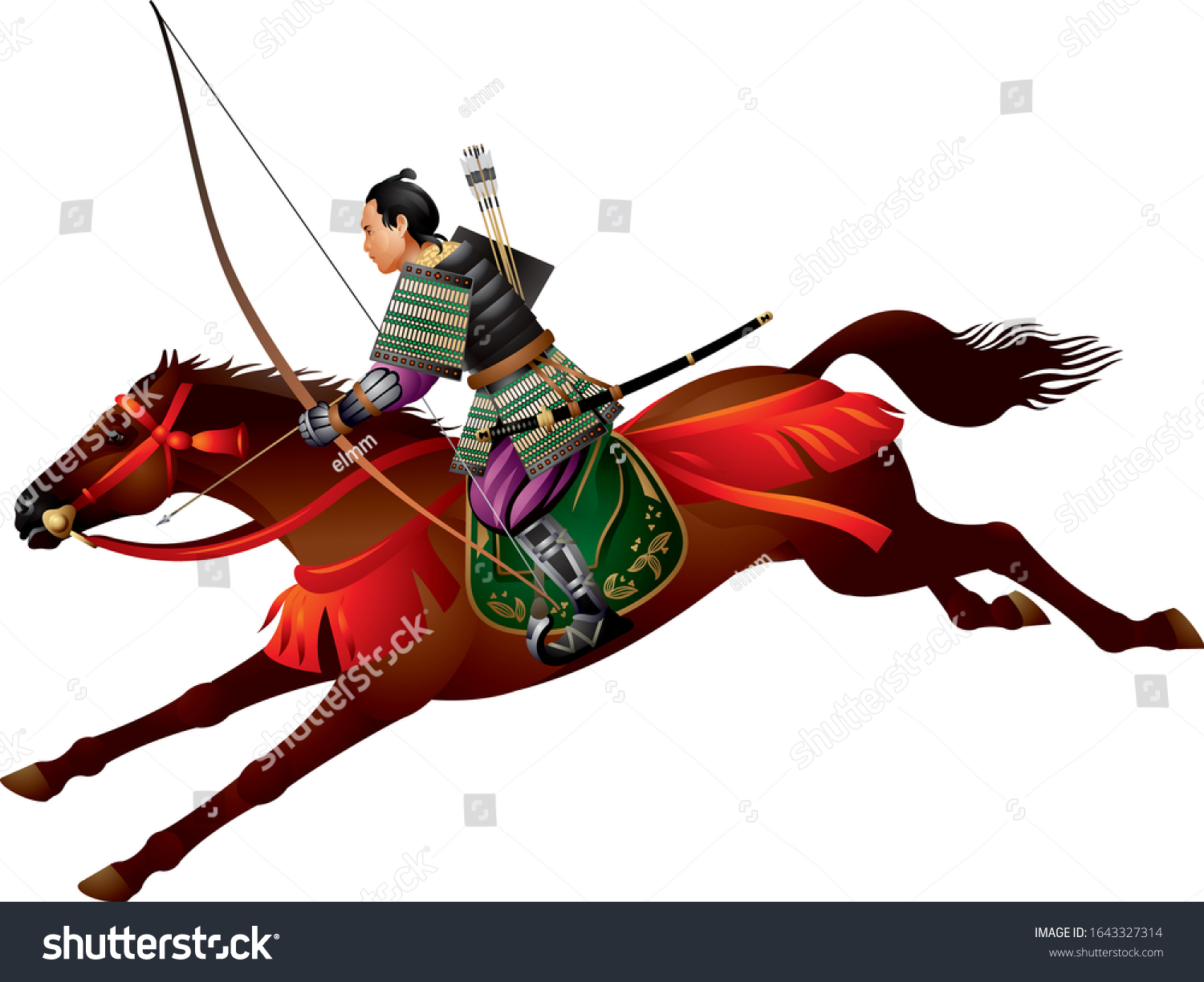 弓を持つ侍騎兵 騎馬武者 騎馬武者 流鏑馬 武士 武士道 武士の写実的なベクターイラスト のベクター画像素材 ロイヤリティフリー