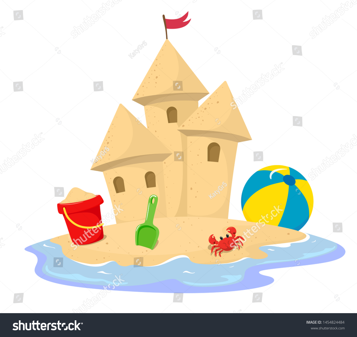 SVG of Sand castle surrounded by water with a bucket, crab, spatula and ball. Vector illustration in cartoon style on a white background. svg