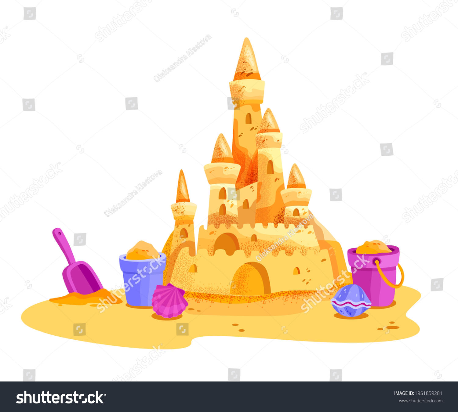SVG of Sand castle vector summer beach illustration, cartoon vacation kids clipart, yellow towers, bucket, shovel. Childhood seashore game concept isolated on white. Sand castle, fairy fortress sculpture svg