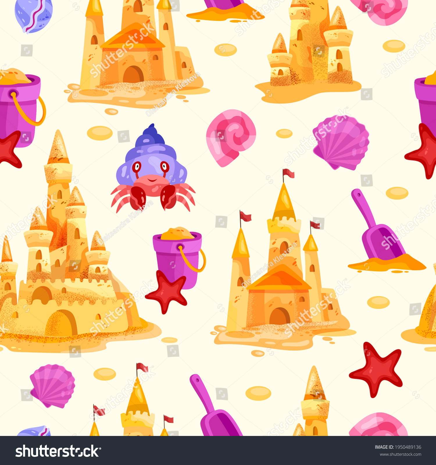 SVG of Sand castle vector summer vacation beach seamless pattern, shell, bucket, crab, shovel, towers, starfish. Kids cartoon seashore sculpture texture, apparel background. Sand castle wrapping paper design svg